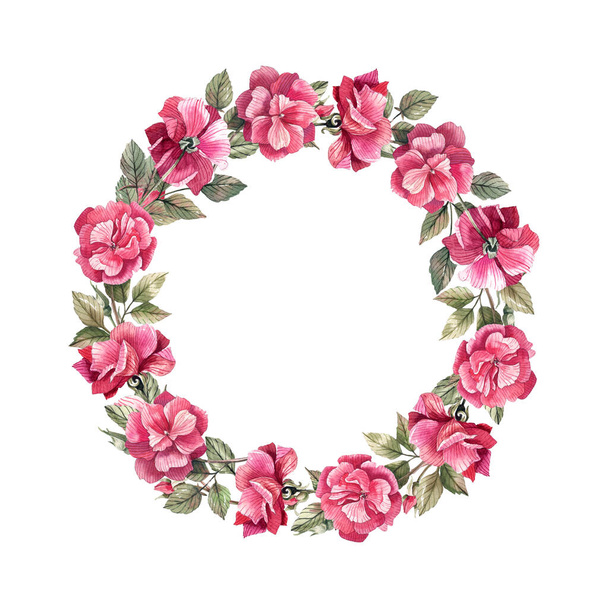 Wreath with flowers and buds of pink roses painted in watercolor. Floral, seamless background. - 写真・画像