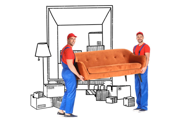 Loaders with sofa near drawn lorry on white background - 写真・画像