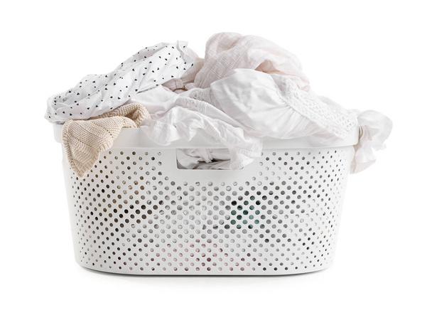 Basket with dirty clothes on white background - Φωτογραφία, εικόνα