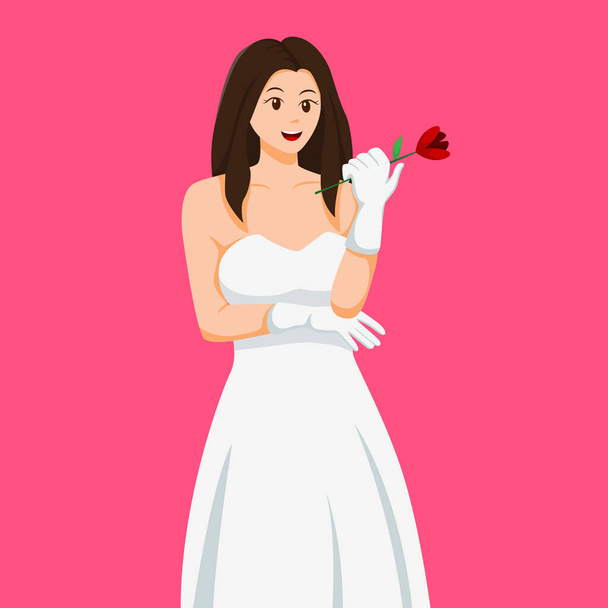 Brides Wedding with holding Flower Character Design Illustration - Vector, imagen