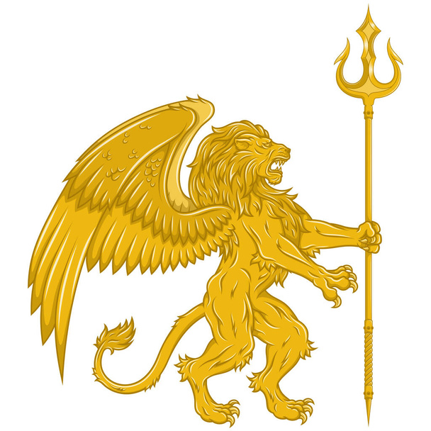 Векторный дизайн крылатого свирепого льва с трезубец, геральдический лев с крыльями, крылатое фантазийное существо - Вектор,изображение