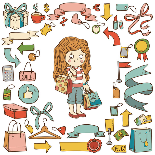 Wektor zestaw elementów zakupy, dziewczyna z torby na zakupy - Wektor, obraz