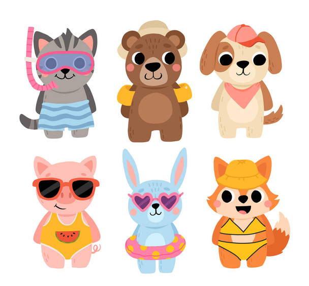Cute summer tropical animals travel. Including brown bear, cat, dog, pig, fox, and rabbit. Cartoon kids illustration. - Vector, Imagen