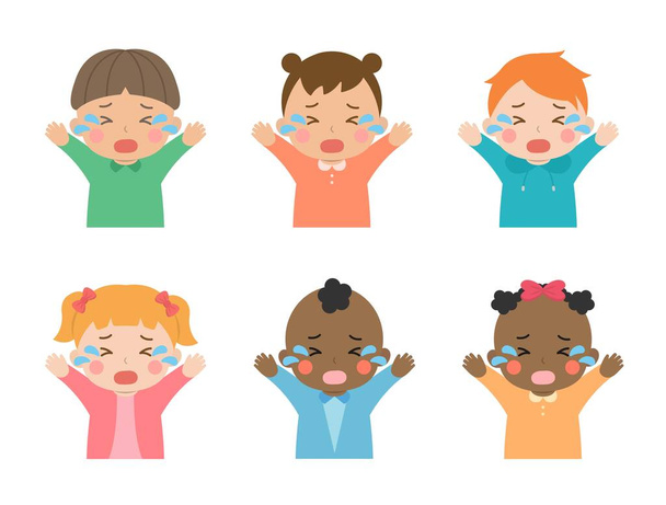 Enfants mignons pleurer ou triste ou capricieux, race différente et couleur de peau, illustration vectorielle dans le style de dessin animé - Vecteur, image