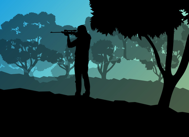 Hunter silhouette background landscape vector concept with fores - Vector, Image