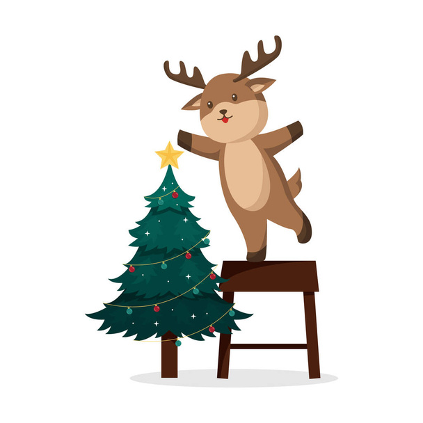 Rena com ilustração de design de personagem de árvore de Natal - Vetor, Imagem