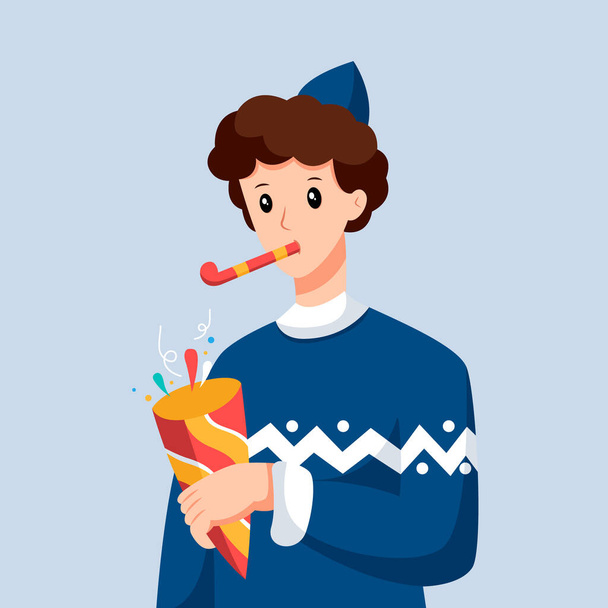 Young Man Celebrate New Year Character Design Illustration - Vector, afbeelding