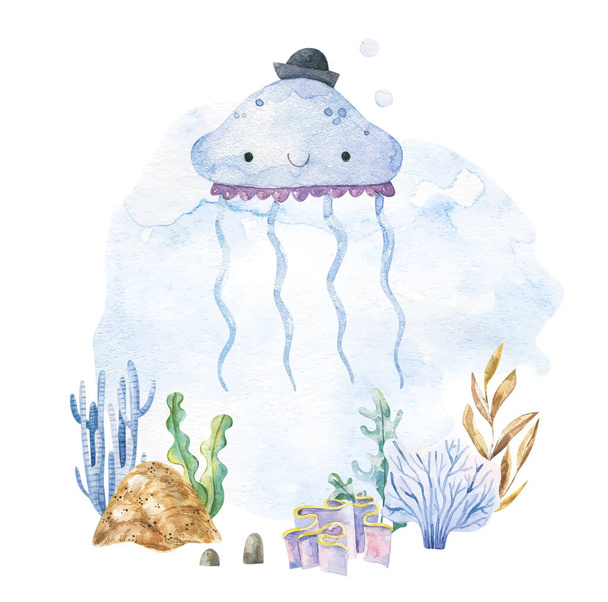 childish cute design with underwater life. Underwaterr ocean life. Baby design, sticker, print - Fotoğraf, Görsel