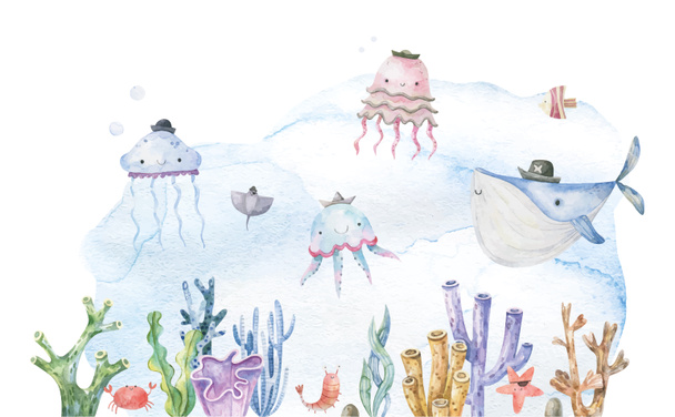 παιδαριώδης χαριτωμένο σχεδιασμό με υποβρύχια ζωή. Υδρόβια ζωή στον ωκεανό. Σχεδιασμός μωρού, αυτοκόλλητο, εκτύπωση - Φωτογραφία, εικόνα