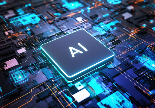 AI, procesor chipsetów sztucznej inteligencji na płytce drukowanej pracujący nad analizą danych, uczeniem maszynowym i koncepcją futurystycznej technologii - Zdjęcie, obraz