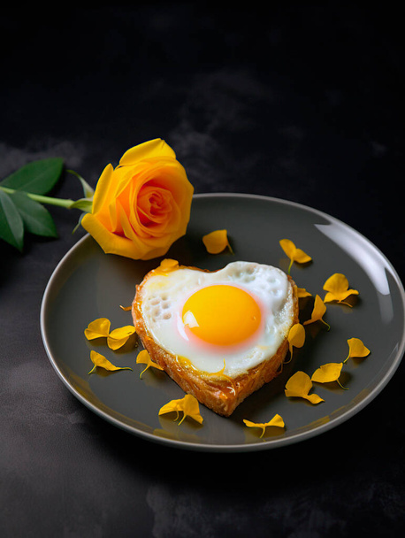 alkuperäinen levy paistettu muna muotoinen sydän ja keltainen ruusu. romanttinen käsite - Valokuva, kuva