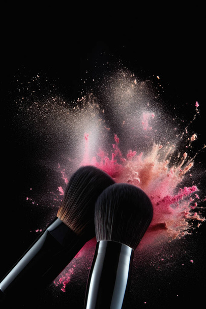Косметическая кисть и взрыв красочный макияж фоне порошка
 - Фото, изображение