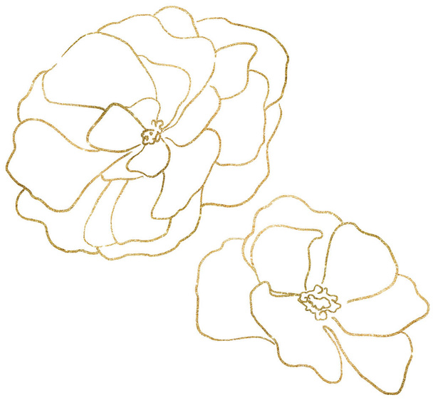 Handgezeichnete funkelnde goldene Pfingstrosenblüten, Illustration isoliert. Romantisches florales Element für Hochzeitspapier, Grußkarten - Foto, Bild