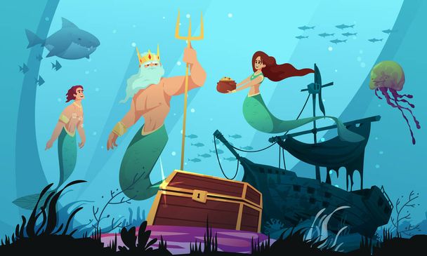 Unterwasserwelt-Cartoon-Konzept mit Meerjungfrauen und Poseidon-Vektorillustration - Vektor, Bild