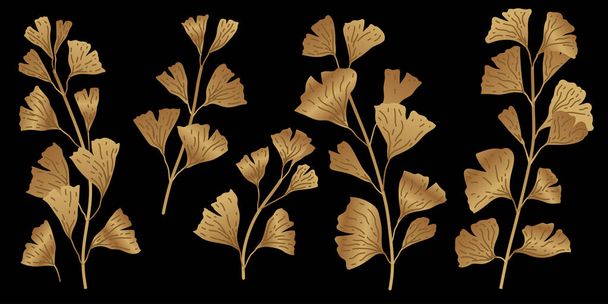 Ginkgo or Gingko Biloba golden leaves set. Collection of tropical leaves with gold texture Nature botanical metal illustration, decorative graphic isolated over black. - Vetor, Imagem