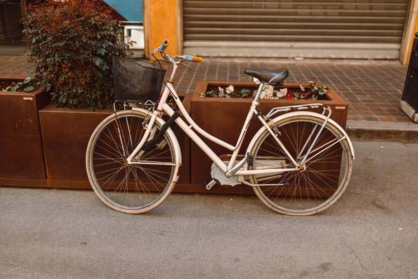Винтажный велосипед перед старым деревенским домом, покрытый цветами. Городской пейзаж со старым велосипедом у каменной стены с цветами в ящиках в Пизе, Европа. Ретро стиль. - Фото, изображение