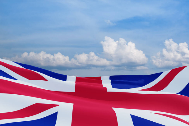 National flags of United Kingdom on blue sky background. Background with place for your text. 3d rendering. - Foto, imagen