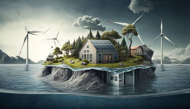 Green Energy House on an Island - 3D Illustration of Sustainable Living Amidst Climate Change - Photo, Image