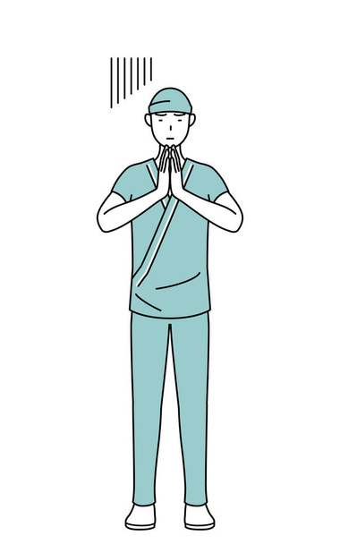 Hastane önlüklü erkek hasta ellerini vücudunun önüne koyup özür diliyor, Vector Illustration. - Vektör, Görsel
