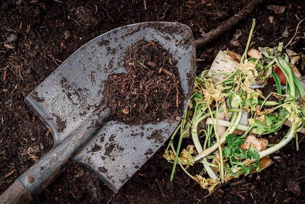 Compost fresco en una hoja en forma de corazón. Reciclaje de residuos orgánicos en compost para su uso como fertilizante en el jardín. - Foto, Imagen