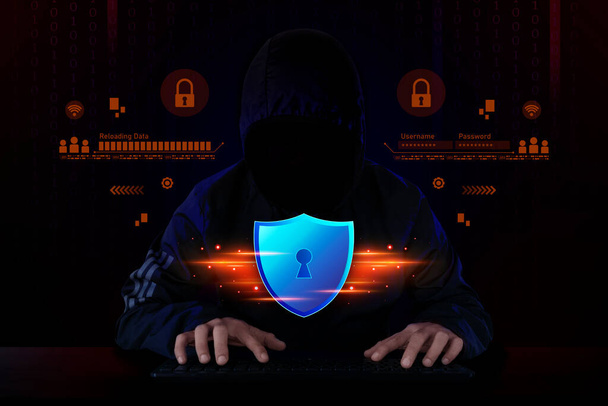 Ochrona komputera bezpieczeństwa sieci i bezpieczne koncepcji danych. Cyberbezpieczeństwo ikony tarczy, cyfrowa ochrona sieci danych, cyfrowa przestępczość anonimowego hakera. ciemny ton - Zdjęcie, obraz