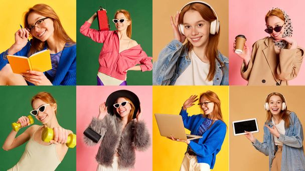 Collage made of images of happy young beautiful girl, woman in different fashion style clothes on multi colored backgrounds. Shopping, studying, training. Concept of active lifestyle and happiness, ad - Photo, Image