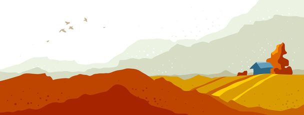 Beautiful scenic nature landscape vector illustration autumn season with grasslands meadows hills and mountains, fall hiking traveling trip to the countryside concept. - Vektör, Görsel
