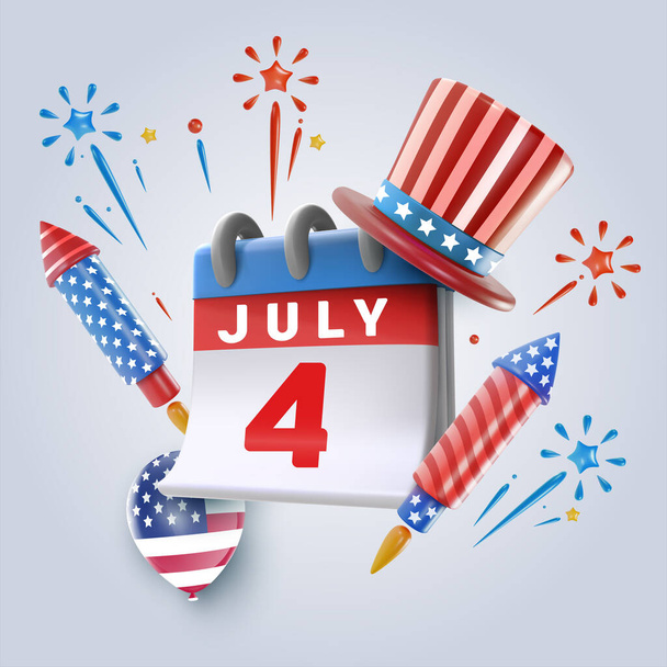 4th july calendar with holiday elements. Festive art object for usa independence day. American national celebration design. Bright vector 3d cartoon illustration in minimal realistic style. - ベクター画像