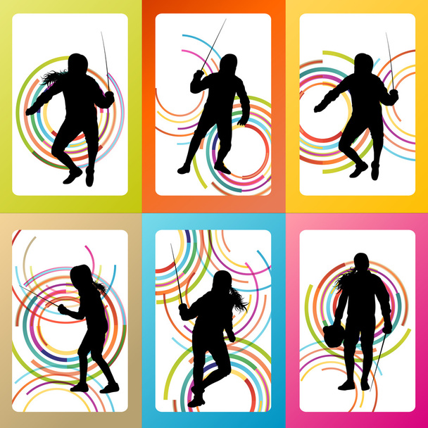 Fencing sport silhouette vector background set concept - Vector, Image
