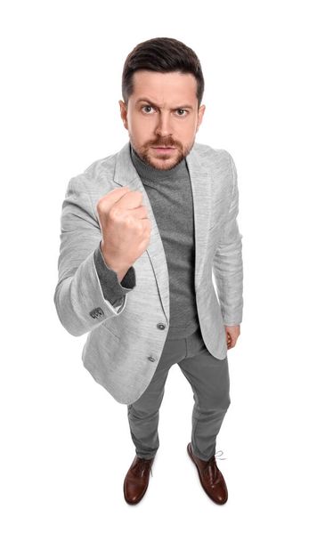 Emotional bearded businessman in suit on white background, above view - Foto, Imagen
