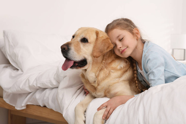 Young girl with her adorable dog on bed at home. Space for text - Φωτογραφία, εικόνα
