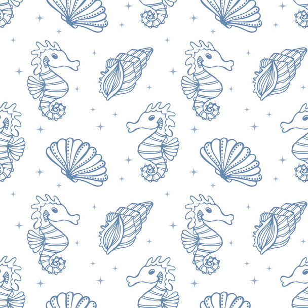 Bezproblémový vzor s obrysově modrými lasturami a mořskými koníky na bílém pozadí. Mořské pozadí, textil, vektor - Vektor, obrázek