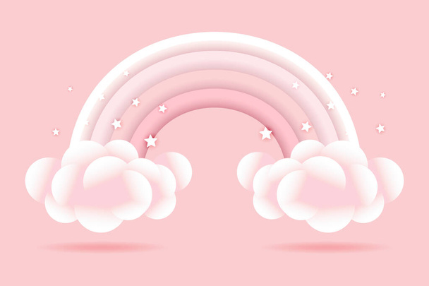 3d baby shower, rainbow with clouds and stars on a pink background, childish design in pastel colors. Background, illustration, vector - Διάνυσμα, εικόνα
