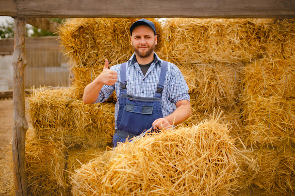 Bauer mit erhobenem Daumen, der Heuballen hält, während er im Öko-Bauernhof arbeitet. Heuernte für den Winter - Foto, Bild