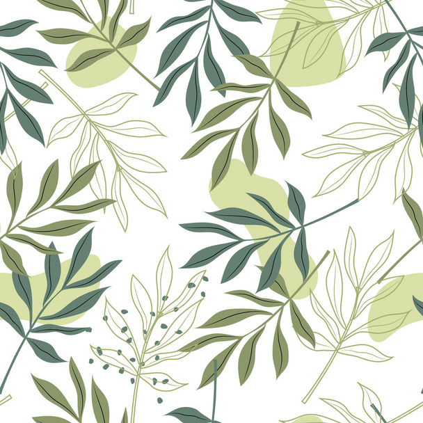 Ветви с длинными художественными листьями в зеленых тонах на белом фоне создают красивый бесшовный узор для модных текстильных изделий, современных тканей.  - Фото, изображение