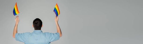 Rückansicht junger schwuler Mann mit LGBT-Fahnen auf grauem Grund, Banner  - Foto, Bild