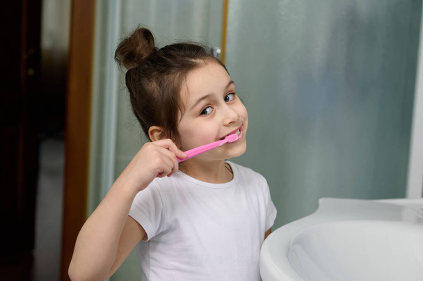 Dental care and oral hygiene for healthy white baby teeth. Close-up portrait of 5-6 years old adorable charming Caucasian little child girl brushing teeth, smiling, confidently looking at camera. - Zdjęcie, obraz