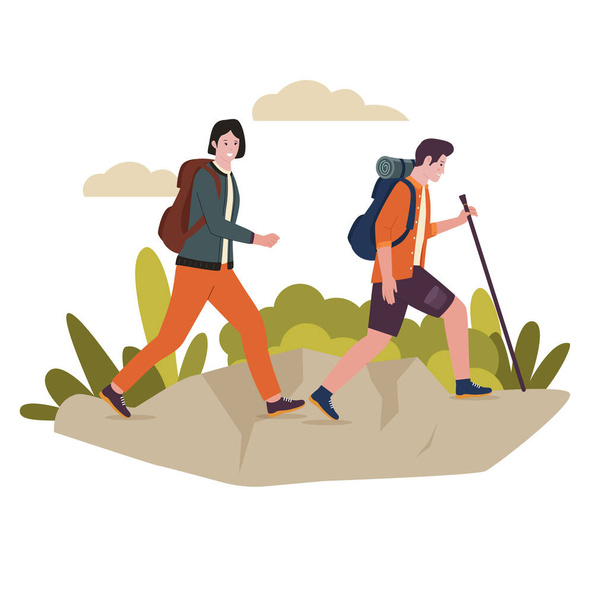 Vector illustration of outdoor activity hiking. Illustration for website, landing page, mobile app, poster and banner. Trendy flat vector illustration - Vettoriali, immagini