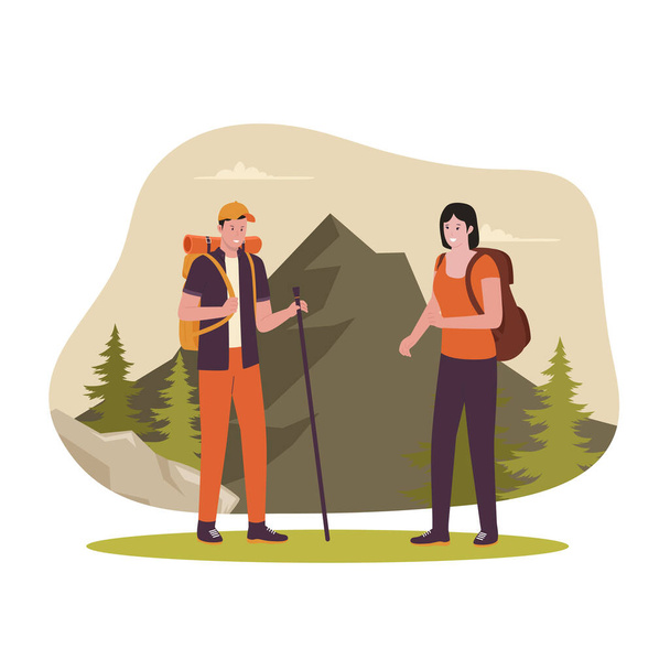hiking and trekking hiker illustration design concept. Illustration for website, landing page, mobile app, poster and banner. Trendy flat vector illustration - Vettoriali, immagini