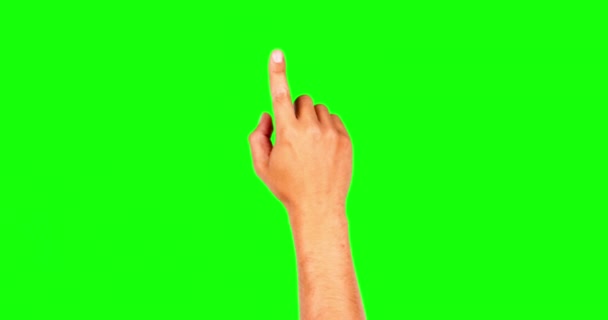 Поворотные пальцы, руки и макет зеленого экрана изолированы на студийном фоне для интерактивного опыта. Маркетинг, реклама и рабочий человек с прокруткой на фоне для интерфейса. - Кадры, видео