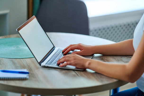 Dizüstü bilgisayarın klavyesinde yazı yazan kadın elleri çalışma alanındaki boş beyaz ekranla birlikte. Çevrimiçi web sitesi reklamları için bilgisayar modeli - Fotoğraf, Görsel