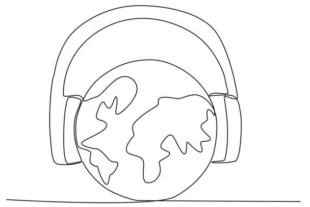 A headphone and music notation. World music day one-line drawing - Διάνυσμα, εικόνα
