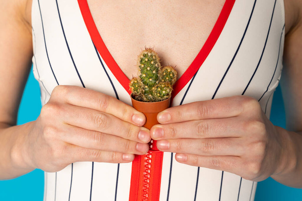 Beautiful young woman in a white striped swimsuit holds a tiny cactus near her breast. - Fotoğraf, Görsel