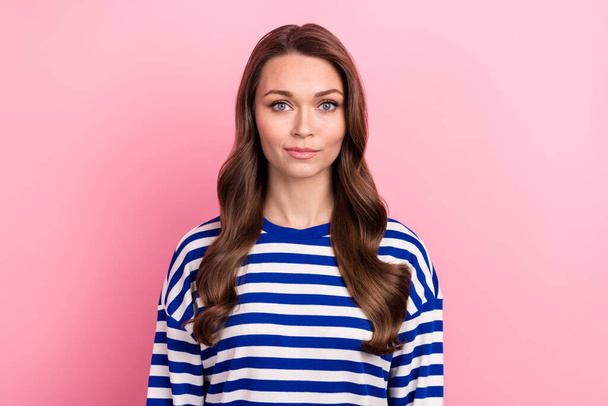 Photo of gorgeous pretty nice woman with wavy hairdo dressed striped shirt smiling look at camera isolated on pink color background. - Φωτογραφία, εικόνα