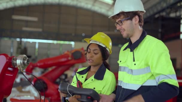 Ingenieros masculinos y femeninos trabajando en la fábrica - Metraje, vídeo