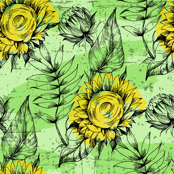 Seamless pattern with yellow flowers. Sunflower seamless patterns. Vector line yellow flowers texture background. Illustration floral spring - Vector, imagen