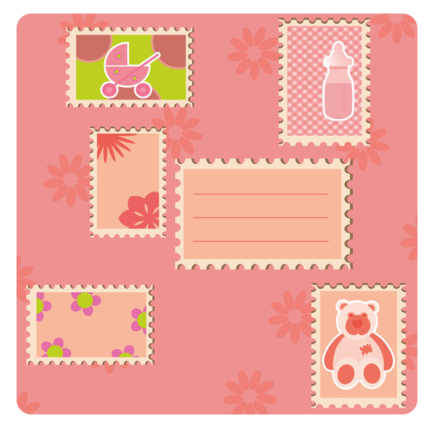Greeting card with many stamps. - Vettoriali, immagini