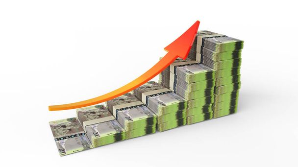 Znak wzrostu finansowego z stosów Botswanan Pula zauważa. 3D Rendering Botswanan pieniądze ułożone w formie wykresu słupkowego izolowane na białym tle - Zdjęcie, obraz
