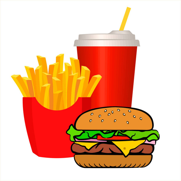 Delicious appetizing hamburger, cola and French fries in a red carton box. Coffee takeaway. Vector illustration isolated on white background - ベクター画像