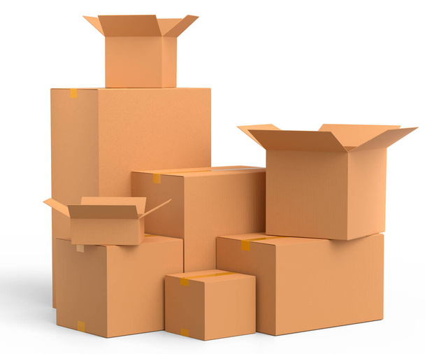 Stack of cardboard boxes or carton gift box isolated on white background. 3d render concept of express delivery to warehouse, carrying parcel and online shopping - Valokuva, kuva